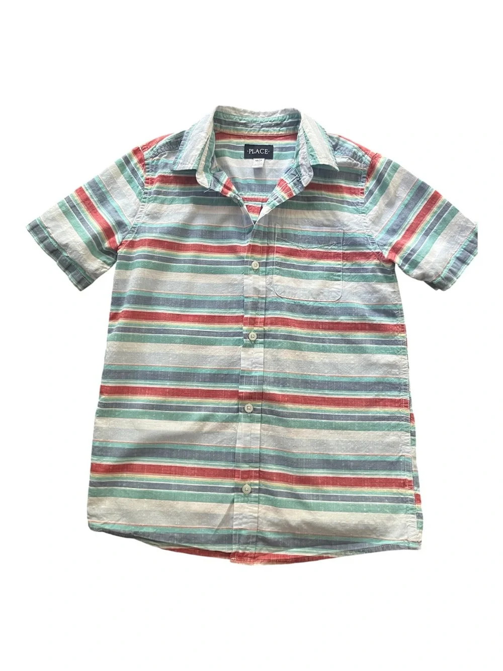 The Childrens Place Boys Short Sleeve Striped Button Down Shirt 10/12 Cotton L